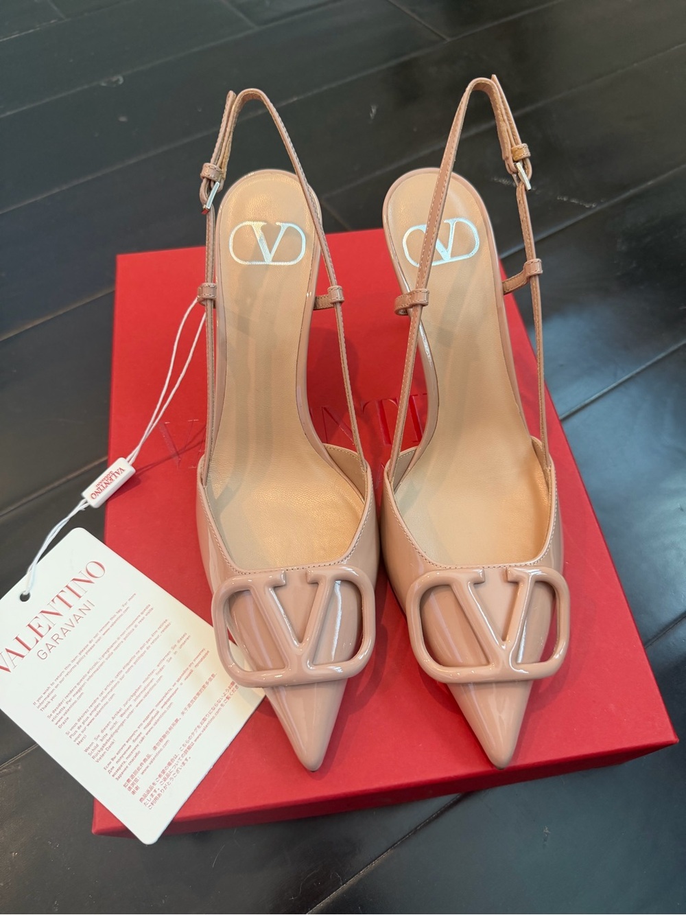 Valentino Nude Patent Leather Pointed Slingback Pumps with Logo